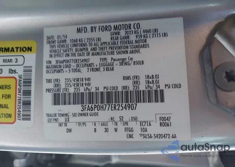 2014 Ford Fusion Se из США, поврежденный, VIN 3FA6P0H77ER254907